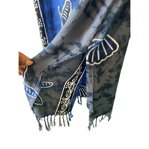 Rain Resort Wear Beach Cover-Up Size Medium Blue + Black with Fringe - Picture 8 of 10